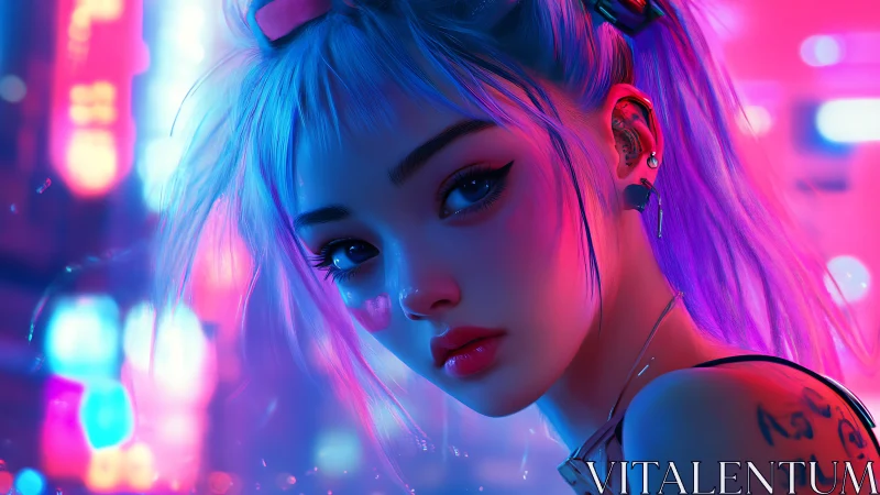 Neon-lit cyberpunk portrait of blue-haired girl in bokeh flux.