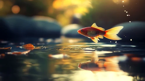 Goldfish leaping above pond surface with autumn bokeh light