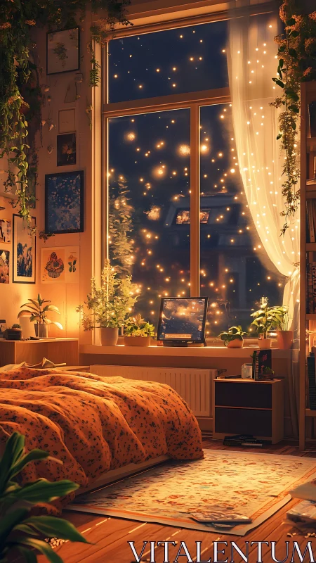 Cozy bedroom glows softly as magical lights fill the night sky