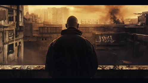 Solitary figure on balcony facing decayed urban skyline.