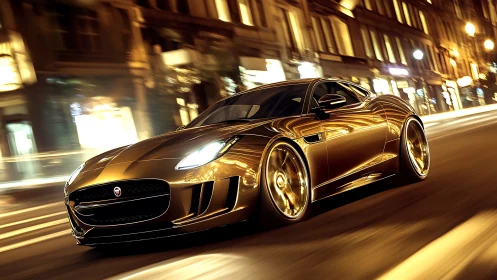 Golden sports coupe races through illuminated city streets