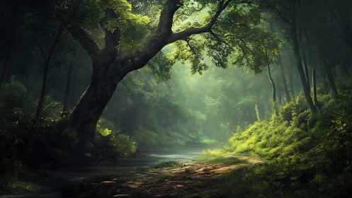 Enchanted Forest Stream Bathed in Ethereal Sunlight