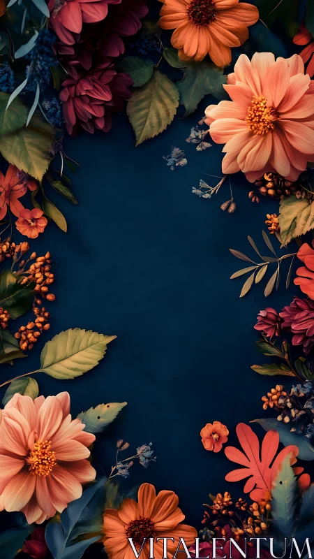 Floral arrangement on dark blue background with botanical elements
