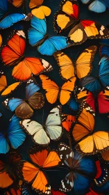 Butterflies display saturated blue, orange and yellow wings