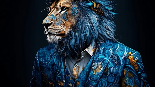 Anthropomorphic blue lion portrait in ornate patterned suit