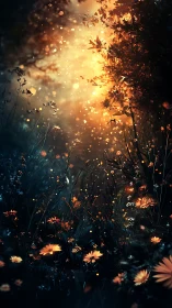 Backlit foliage and wildflowers occupy a dim forest clearing