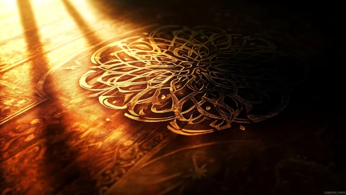 Golden light tracing delicate swirling arabesque patterns.