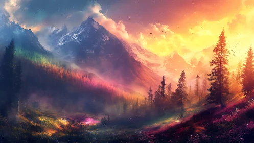 Chromatic alpine ridge under volumetric sunset scattering glow