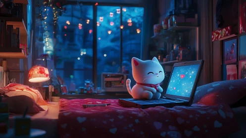 White cat plush sits on laptop in cozy blue lit bedroom