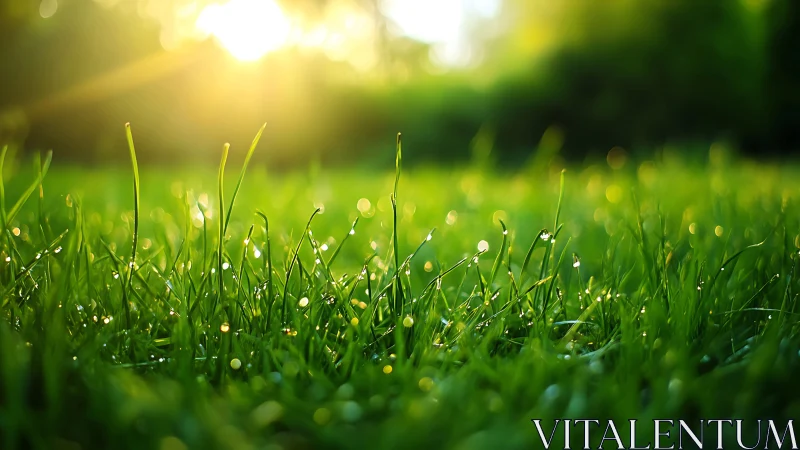 Backlit macro grass blades with shallow depth and dew specular highlights