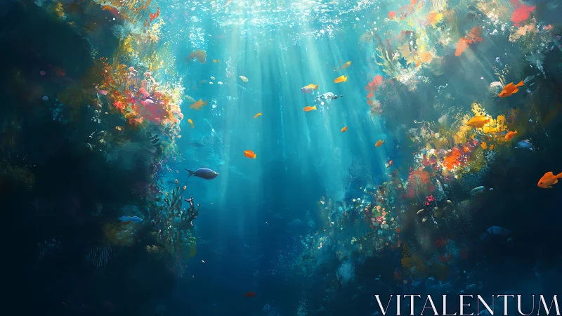 Sunlit coral canyon where golden fish stitch bright trails.