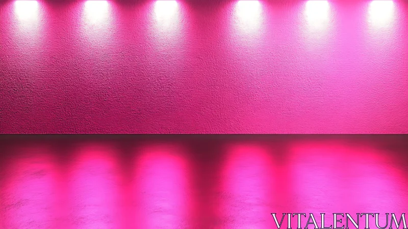 Neon pink gallery wall glows with spotlight reflections.