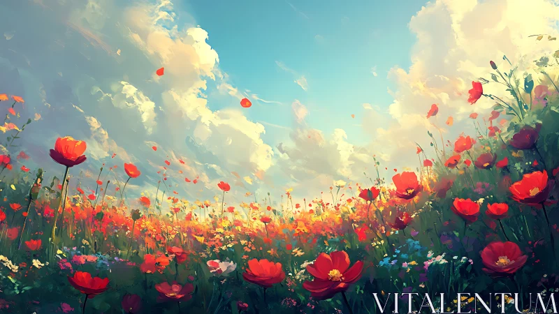 Vibrant wildflower meadow stretches beneath luminous summer sky