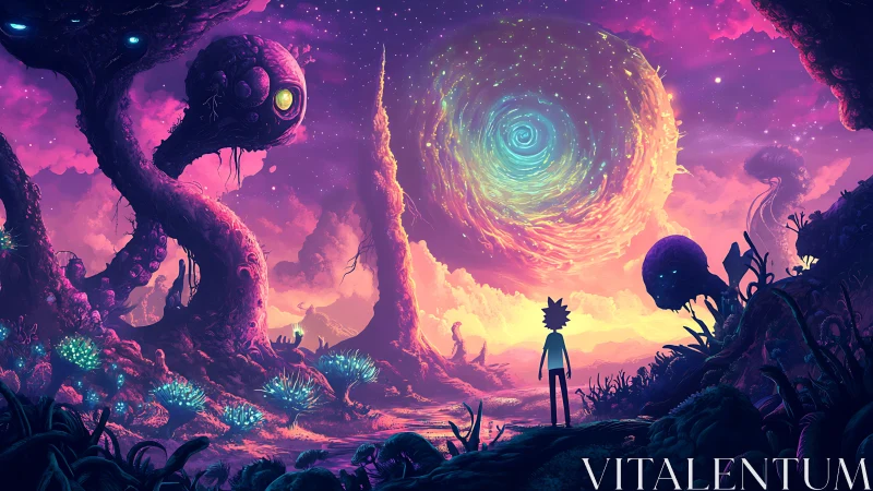 Silhouetted traveler watches neon vortex over alien valley