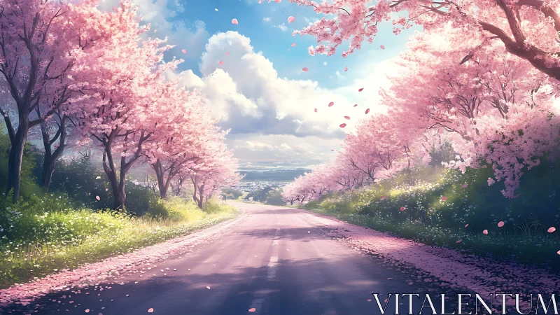 Cherry tree road under soft spring daylight perspective.