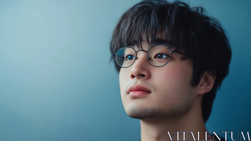 Young person with round glasses against blue background.