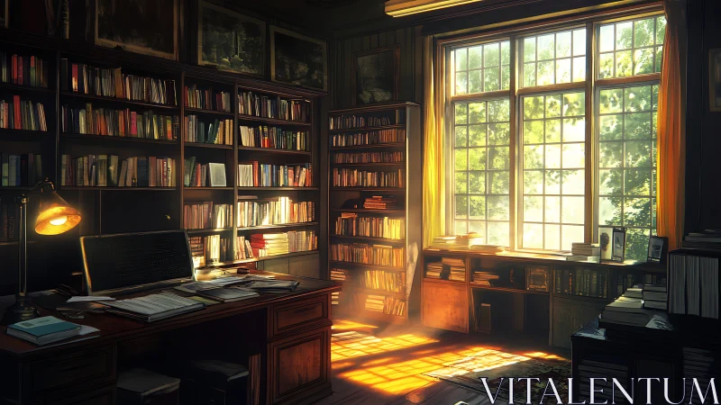 Luminous bibliographic study with volumetric daylight rendering.