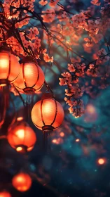 Lantern light glows softly among spring blossoms at dusk