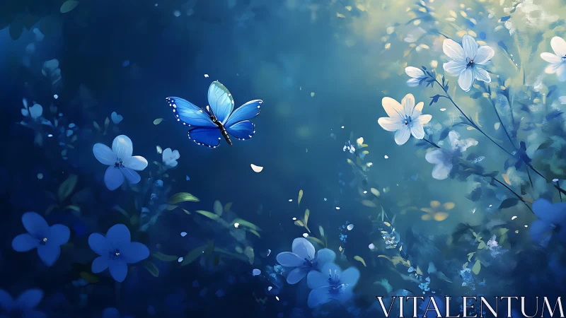 Blue butterfly drifts through luminous twilight blossoms.