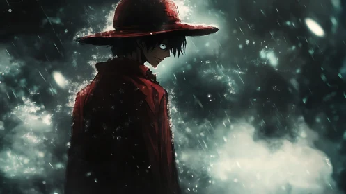 Solitary anime figure in red coat stands under heavy rain