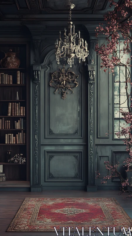 Neo-baroque library wall with chandelier and red Persian rug