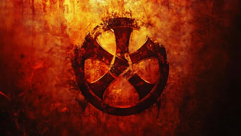 Fiery grunge biohazard emblem on distressed metal wall.