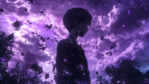 Silhouetted anime figure dissolving in violet storm sky.