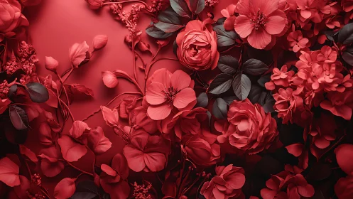 Monochromatic Floral Arrangement in Deep Crimson with Layered Relief Depth.