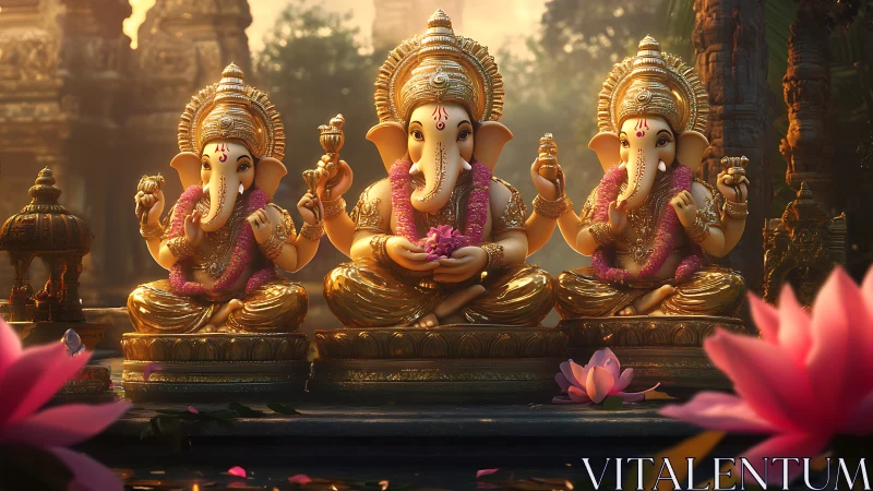 Golden Ganesha trio glows amid lotus-lit temple reverie.