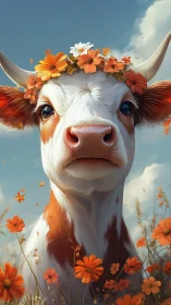 Cow portrait with floral crown in field under blue sky.