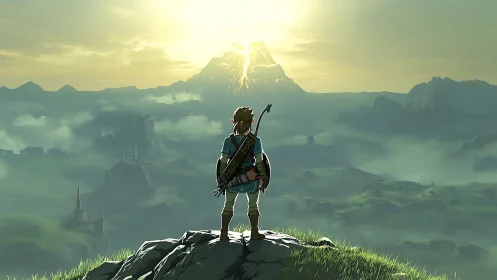 Game character observing expansive fantasy valley landscape.