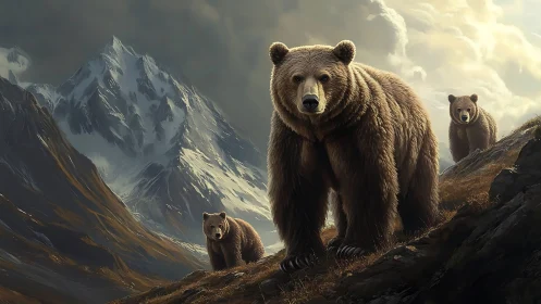 Grizzly bear family climbs rugged alpine slope under clouds