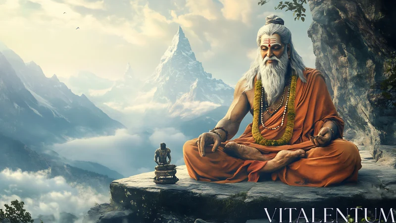 Mystic sage meditates above misty Himalayan mountain peaks