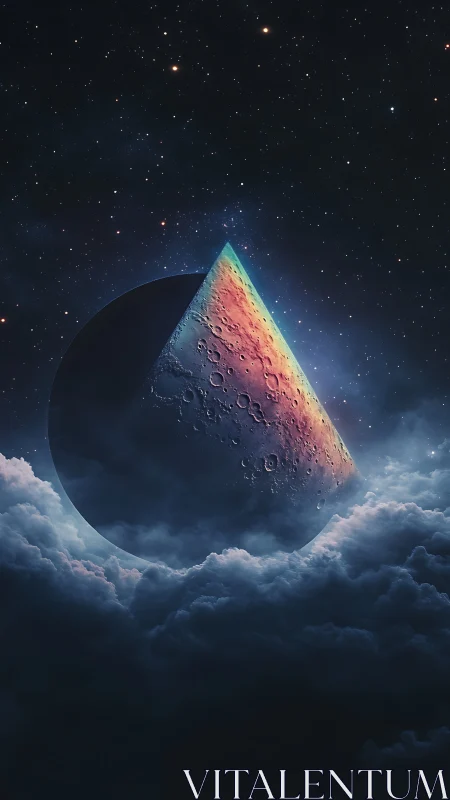 Lunar crescent sphere intersected by prismatic cratered pyramid in nebula