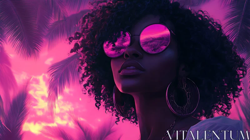 Neon tropical portrait with reflective pink sunglasses glow.