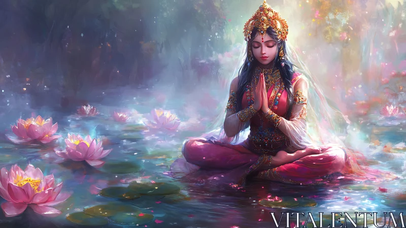 Divine lotus meditation with jeweled goddess on water.