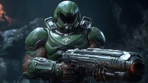 Armored sci fi soldier holding heavy plasma rifle in cavern.