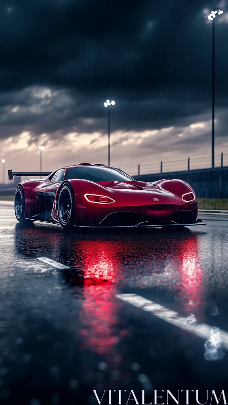 Aerodynamic red hypercar on wet racetrack under storm clouds