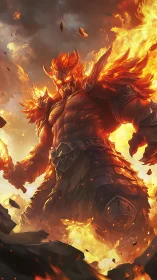 Armored fire titan strides through volcanic battlefield with dynamic lighting