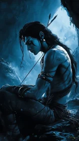 Brooding tribal archer in icy blue cavern light.