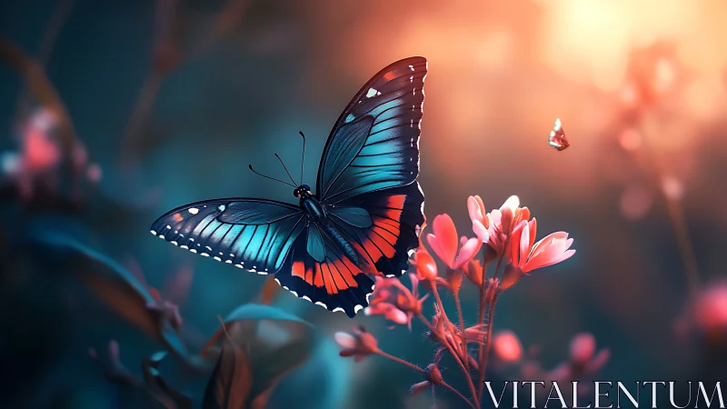 High-saturation macro study of blue-red butterfly on flowers