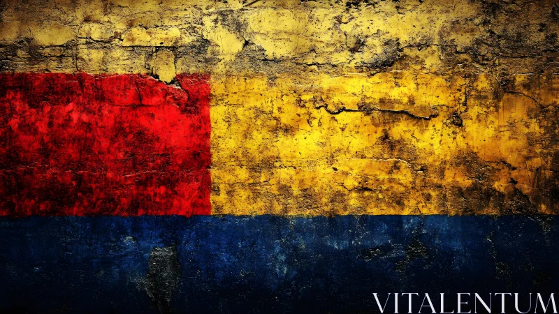 Grunge Romanian Flag Painted on Weathered Concrete Wall Texture.