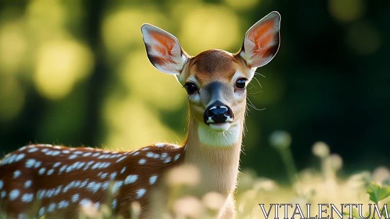Photorealistic fawn portrait in sunlit meadow depth of field.