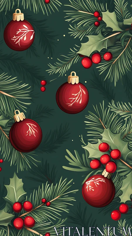 Seamless digital pattern of red baubles with pine and holly sprigs