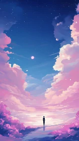Silhouette stands beneath starry sky framed by pink clouds