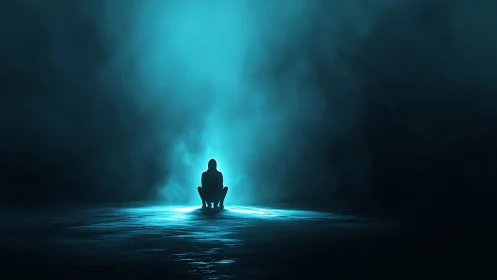 Backlit human silhouette in volumetric cyan atmospheric void.