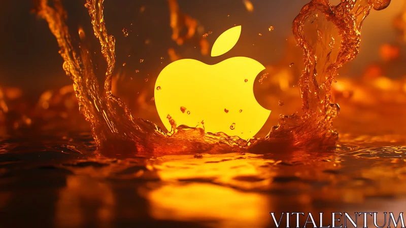 Glowing apple-shaped logo in orange liquid splash scene.