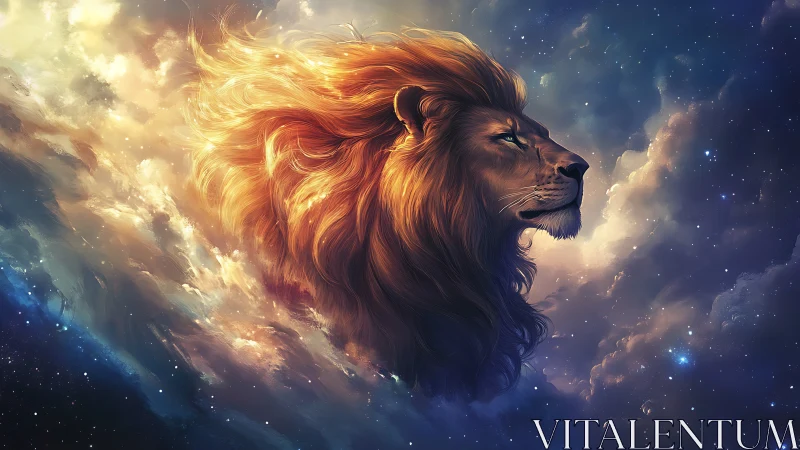 Stellar leonine profile emerging through luminous nebular strata.