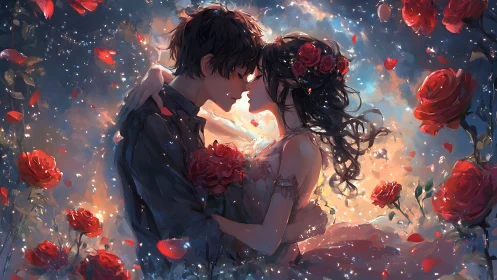 Romantic couple embraced amid luminous red roses and ethereal light particles