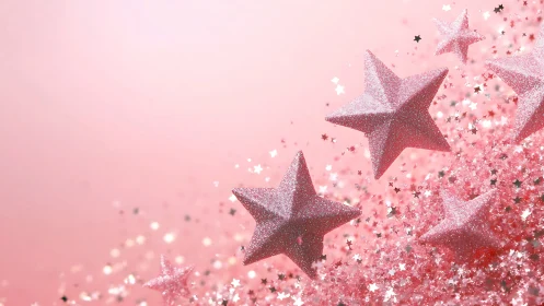 Glittered pink star ornaments in shallow depth pastel field